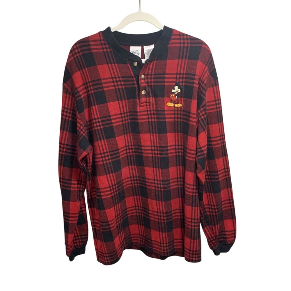 Disney Store Mens Red Black Plaid Henley Long Sleeve Mickey Sweater L Casual
